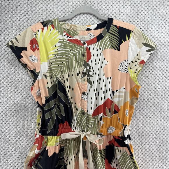 Ann Taylor Shirt Dress Womens 8 Beige Red Button Front Crew Cap Sleeve Belt - Picture 3 of 13